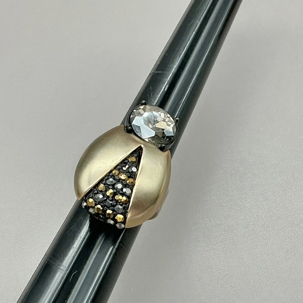 Chico's Stretch Ring Ladybug Black Crystal Gold Tone Statement Adjustable